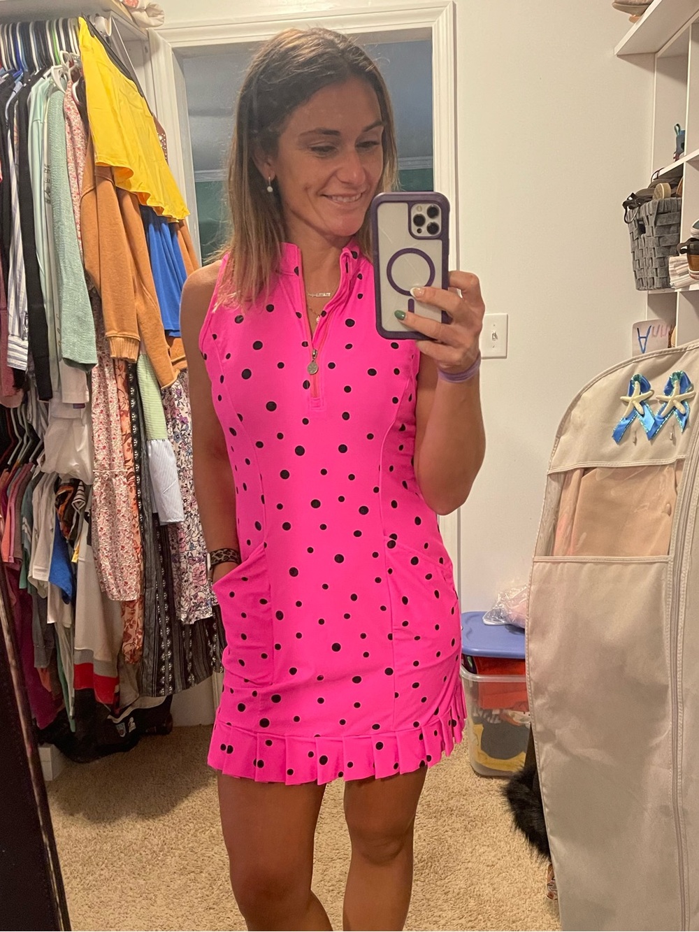 Tzu Tzu Hot Pink Sleeveless Polka Dot Golf Dress
